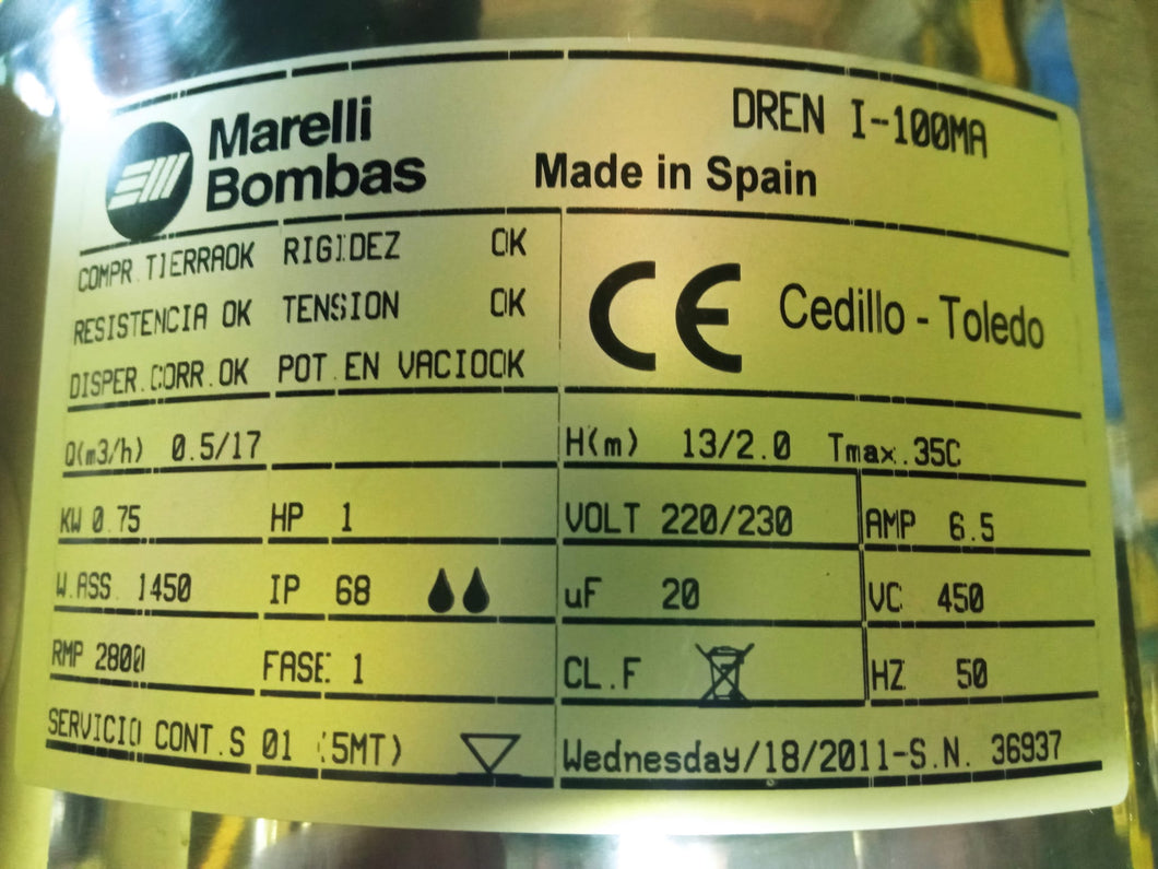 Bomba Marelli 1CV DREN I-100MA Bomba Sumergible para Drenaje