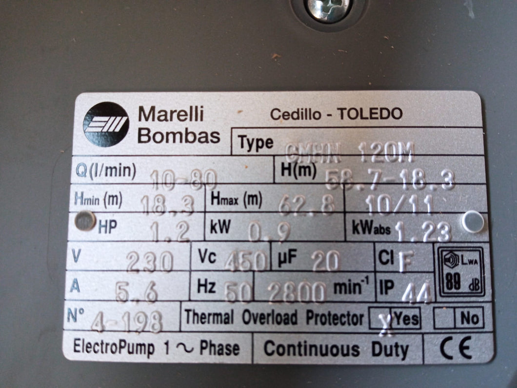 Bomba Marelli 1,2CV GMHN 120M Bomba Centrífuga Multicelular Horizontal